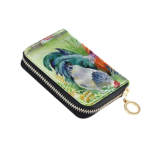 Chicken Rooster Grasses Flowers Credit Card Coin wallet, RFID Blocking Compact Women Leather Card Holder, Key Change Organizer, Zipper Purse Clutch Pouch Pocket