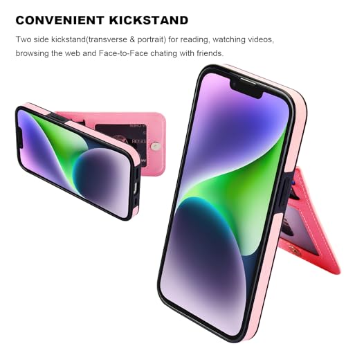 Image of KIHUWEY Compatible with iPhone 13 Case Wallet with Credit Card Holder, Premium Leather Magnetic Clasp Kickstand Heavy Duty Protective Cover for iPhone 13 6.1 inch (Pink)