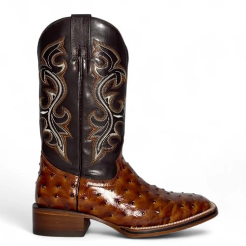 Men’s Genuine Leather Exotic Full Quill Ostrich Print Square Toe Cowboy Western Boots - Cognac2