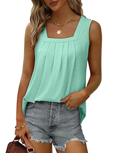 Image of Saloogoe Summer Tank Tops for Women Loose Fit Pleated Square Neck Sleeveless Tops Curved Hem Flowy