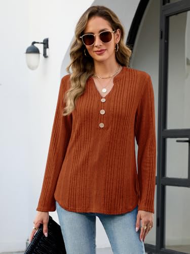 VUTRU Boho Top for Womens Plus Size T Shirts Long Sleeve Tunic Knit Fall Clothes Henley Style Fit for Office, Caramel L — view 6