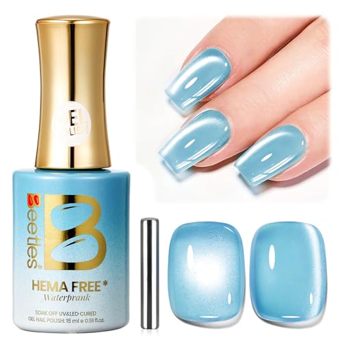 Image of Beetles Waterprank Pixie Blue Cat Eye Gel Nail Polish - 15ML Full Size Glitter Blue Cat Eye Spring Gel Polish Magnetic Shimmer Effect Soak Off UV Nail Art Design Salon DIY Manicure Gift for Women
