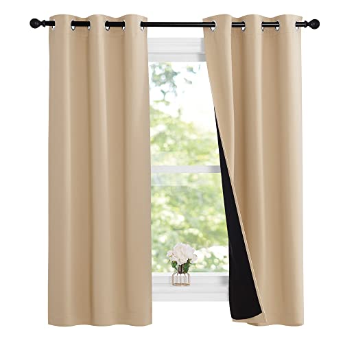Image of NICETOWN Bedroom Full Blackout Curtain Panels, Super Thick Insulated Grommet Drapes, Double-Layer Blackout Draperies with Black Liner for Small Window (Set of 2 Pcs, 37 by 63-inch, Biscotti Beige)