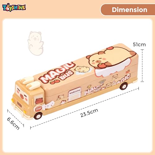 Image of Toyshine Cute Cartoon School Bus Shape Pencil Box with Moving Tyres | Stationery Storage Case | Multipurpose Pencil Pen Box for School Students Birthday Return Gift Party Favor for Kids - Brown