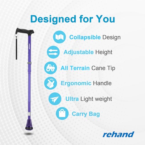 Image of Rehand All Terrain Folding Walking Cane, Walking Stick for Women & Men, Pivot Tip and Heavy Duty Mobility Aid, Adjustable Walking Cane for Elderly & Ladies (Purple)