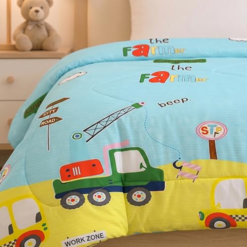 Image of Filymore Cute Car Comforter for Kids Boys - Cute Cartoon Print Single Bed Blanket, Microfiber Dohar for Boys & Girls | Soft Kids Winter & Summer Quilt |60x90 Inches (Leamon and SkyBlue)