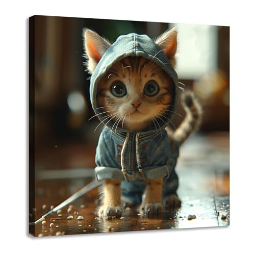 Conception de chaton drôle HOQIU grand tableau de chat orange et bleu encadré 100x100