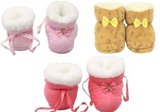 New Born Baby Booties Fancy Socks Cum Shoes with Fur Design for Winter and All Seasons Unisex Booties (Toe to Heel Length - 12 cm, Pink,Brown,Red) Pack of 3-picture-15