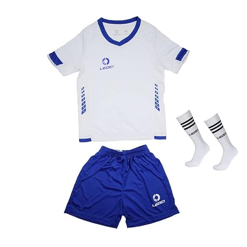 Leoci Boy's Soccer Jersey Kids Unisex Girls Football Jersey/Shorts/Socks Kit White/Blue #TOP9