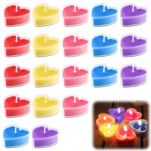 20 velas de té con forma de corazón, 5 colores, románticas...