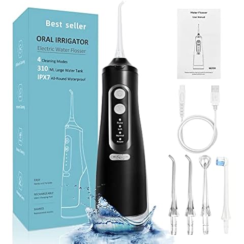 Water Flossers for Teeth Cordless - 4 Modes, 4 Nozzles, 310ml Large Capacity Water Tank, USB Charging for Travel, Removal, IPX7 Waterproof Water Dental Flosser(Black) Cover