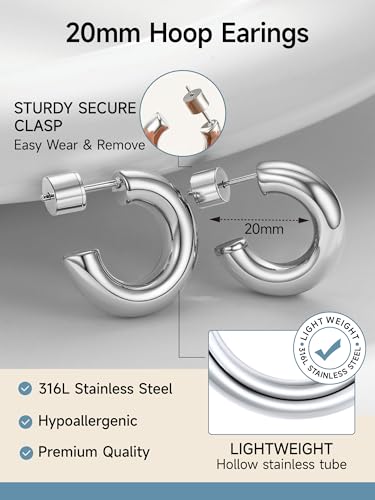 Image of Stainless Steel Chunky Hoop Earrings For Women, Minimalist and Chic, Black /Gold Plated, Round Hoops Earrings Hypoallergenic, Size: 30mm /40mm /60mm /80mm, Come with Box