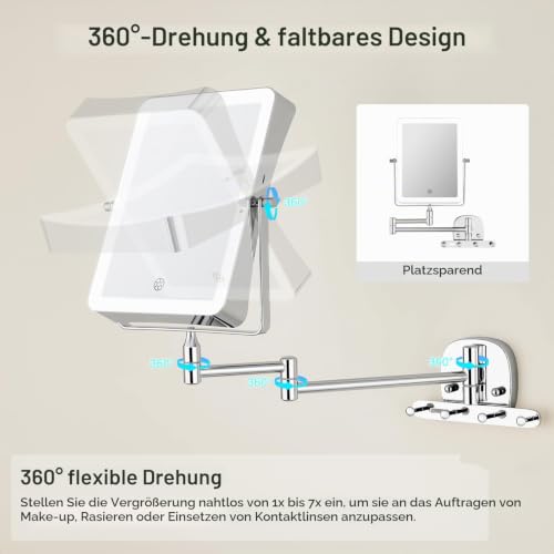 ANNWA Wiederaufladbar Kosmetikspiegel mit LED Beleuchtetung,1X/7X Spiegel Vergrößerung Wandmontage,Dimmbarer Rasierspiegel 3 Farben… – Ansicht 3