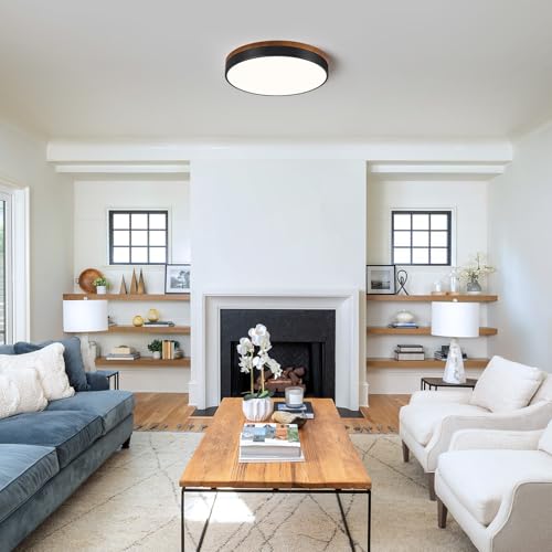 Image of Modern Walnut Wood Black Flush Mount Ceiling Light 15.74 Inch