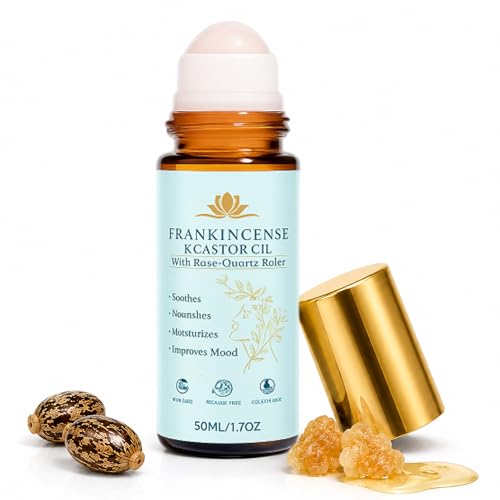 Frankincense and Castor Oil Roll On with Rose Quartz | 100% Pure Organic Cold-Pressed Castor OilFirms Skin Reduces the Look of Fine Lines Supports Hormonal BalanceFor Face Neck & Abdomen 1.7 fl oz