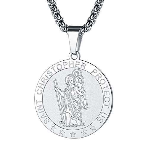 FaithHeart St Christopher Necklace for Men Protective Jewellery Childrens Saint Christopher Pendant with Sturdy Chain Stainless Steel Catholic Necklaces Womens Gifts for Birthday