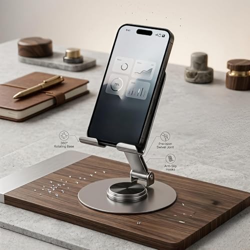 Image of Metal Mobile Phone Stand for Desk | Adjustable 360 Degree Rotating Foldable Holder for iPhone Android Smartphones | Anti Slip Stand for Video Calls Office Work