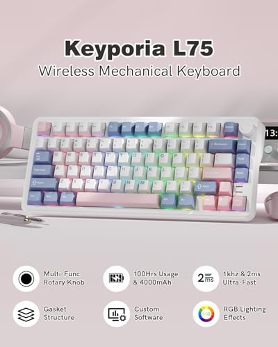 Image of L75 75% Mechanical Keyboard, Wireless Gaming Keyboard with Multifunction Knob, Creamy Gasket Structure, Hot Swap, RGB Backlight, PBT Keycap, Custom Driver, Compact Layout for Win /Mac /PC