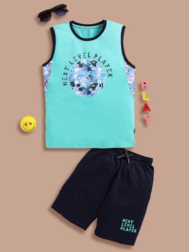 Image of Bumchums Boys Sleeveless Round Neck T-Shirt and Pant Set for Boys, Casual Clothing Set, Trendy and Cute, Graphic