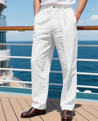 Men's Linen Blend Striped Pants Straight Leg Business Casual Trousers with Pockets Summer Lightweight Formal Wear2