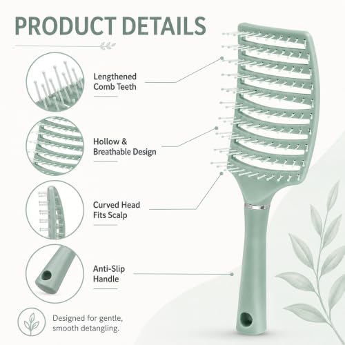 Image of Detangling Hair Brush for Women & Men, Portable Vented Paddle Hair Brush for Curly & Straight Hair, Rounded Tip Bristles, Lightweight Salon, Home & Daily Personal Grooming, Green, Pack of 1