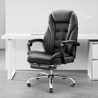 Hbada Office Chair Ergonomic Executive Office Chair PU Leather Swivel Desk Chairs,Adjustable Height Reclining Chair with Padded Armrest and Footrest, Black