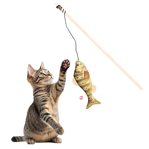 SPOT Fanatic Fish Teaser Wand for Cats – Realistic Fish Cat Toy with Catnip and Crinkle, Interactive Wand Toy for Batting, Swatting, and Chasing Play, Assorted Styles