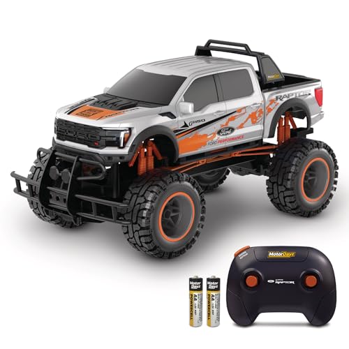Motor Dayz Ford F150 Raptor R 2WD Camión de control remoto con luces y sonidos de trabajo. Licencia oficial, juguete RC a escala 1:10, 2.4GHz, baterías remotas incluidas, carga USB   Blanco   Gran