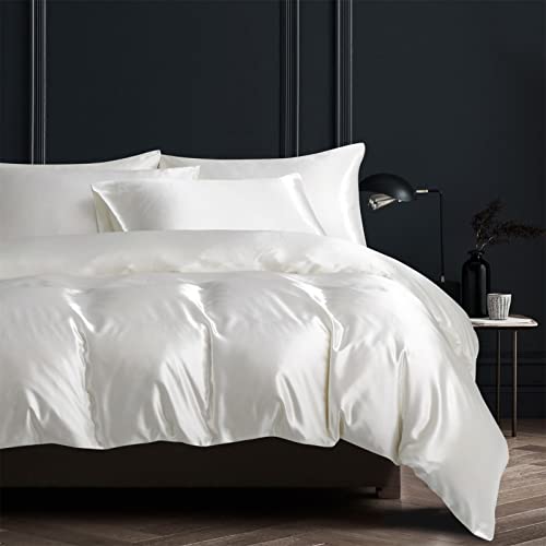 Hotniu Full Satin Silk Duvet Cover Set With Zipper Closure - Quality Ultra Soft Premium 3 Piece Bedding Collection Sets - 100% Microfiber Comforter Protector With Sham (Queen-White) #TOP1