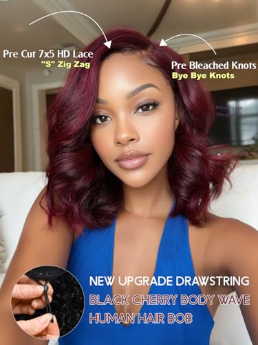 Image of Sunber Black Cherry Body Wave Bob Wig Human Hair Pre Cut 7x5 Glueless Lace Front Drawstring Wig with Curtain Bangs Natural Hairline Bye Bye Knots Pre Plucked Put and Go Wig for Women 12Inch