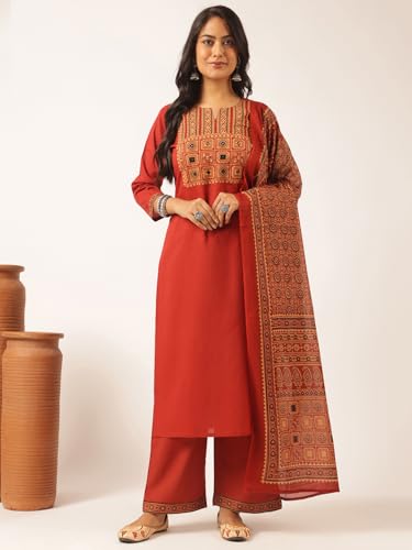 Image of Vbuyz Women Ajrakh With Yoke design Cotton Straight Kurta Set With Dupatta