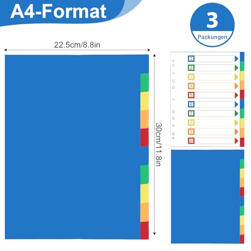 Thboxes Register für Ordner A4, 3er Set 10-Teilige Ordner Trennblätter Bunte PP Register A4 für Ringordner Hebelordner Aktenordner Büro Schule