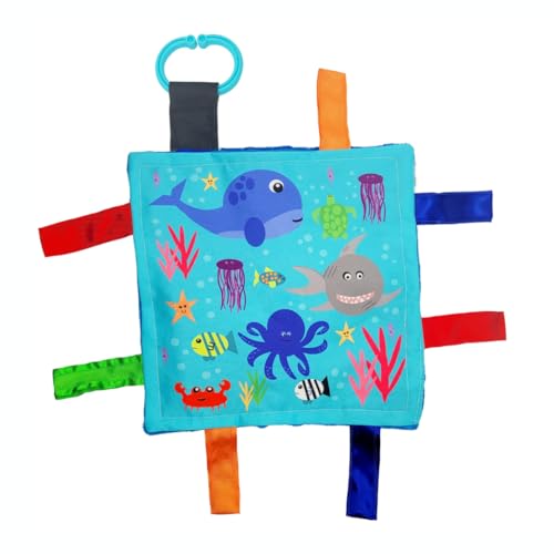 Baby Jack & Co 8x8” Ocean Lovey Tag Toys for Babies - Crinkle Toys for Developmental Play - Soft & Safe - Learn Shapes & Colors - Ideal Toy for Tummy Time - BPA Free w/Stroller Clip