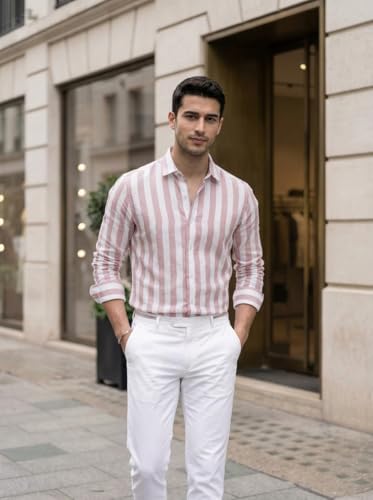 Image of IndoPrimo Men's Striped Cotton Shirt | Slim Fit Stylish Casual Shirt for Man | Full Sleeve Summer Wear Vertical Stripe Shirt for Office, Vacation