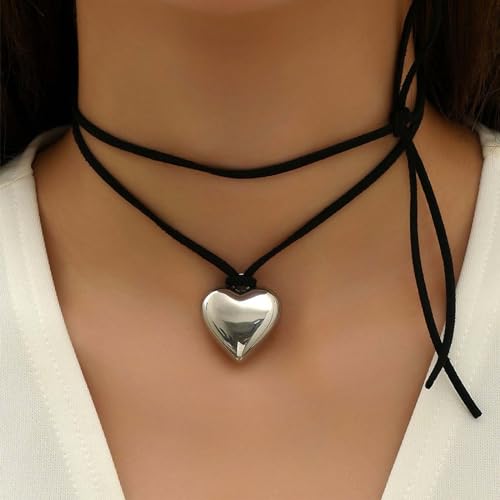 Aneneiceera Vintage Geschichtet Leder Herz Choker Halskette Schwarzer Samt Silber Puffy Herz Anhänger Halskette Lange Wildleder Binden Bis Choker Schmuck Für Frauen Mädchen