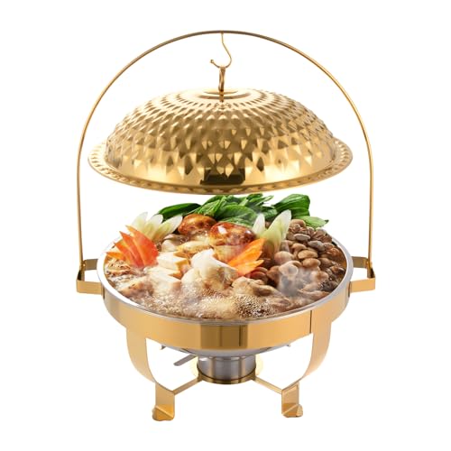 8.5 QT Buffet Stove Set Stainless Steel Hanging Lid Catering Stove Set Diamond Hanging Lid Stove Round Food Warmer Buffet Server Warming Tray for Weddings, Banquets, Restaurants (Gold)