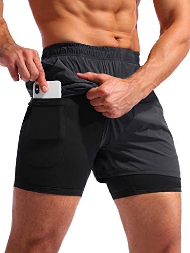 Pudolla Men’s 2 in 1 Running Shorts 5" Quick Dry Gym Athletic Workout Shorts for Men with Phone Pockets(Dark Grey Medium)