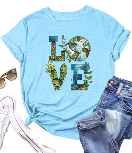 PECHAR Earth Day Shirts for Women : Protect The Environment T-Shirts Bees Graphic Short Sleeve Blouse Tops Lightblue