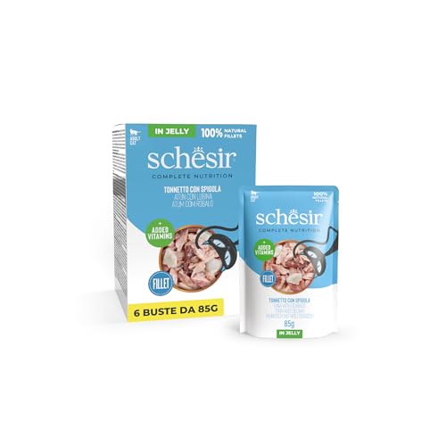 Schesir, Atún con Lubina en Gelatina, Alimento Húmedo Completo para Gatos, en sobre, Ingredientes 100% Naturales, Cruelty Free, 6 x 85g