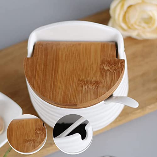 Saleiro Moderno de Porcelana Branco Tampa de Bambu Acompanha Colher Super Lindo Estilo Boho