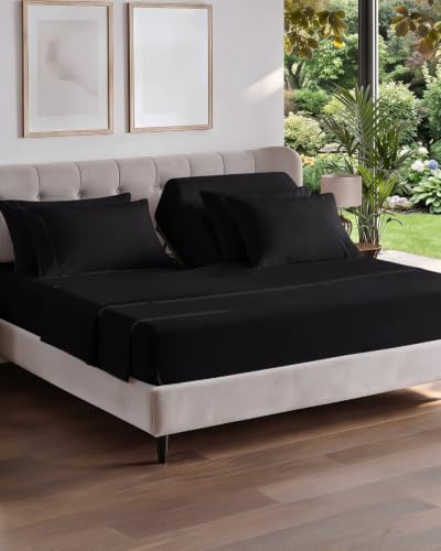 Image of CGK Unlimited Flex Top Split Head King 6 Piece Piece Sheet Set - Comfy Breathable & Cooling - Soft Hotel Luxury Bedding Set with 8-16 Inch Deep Pockets - 1 Flat & 1 Fitted Sheet & Pillowcases - Black