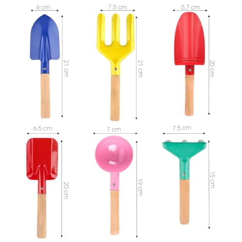 UMUACCAN Beach Toys for Kids,Beach Sand Toys, 8\'\' Metal Sandbox Toys with Sturdy Wooden Handle,Safe Beach Gardening Set,Spoon, Fork, Trowel, Rake & Shovel for Kids,Snow Shovel(6 pcs)