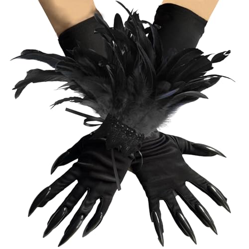 BASEMMAHER Halloween Lace Feather Cat Woman Paw Gloves Gothic Long Fingernails Feather Cuffs Gloves Cosplay Costume (Black)