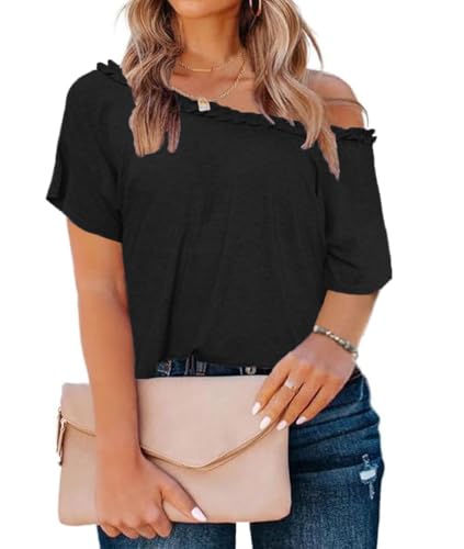 Womens Plus-Size T-Shirt Short Sleeve Summer Tops One-Shoulder Loose Shirts (1X-5X)4
