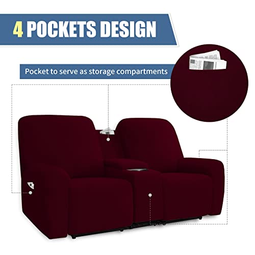 Image of Easy-Going Stretch Recliner Loveseat Cover with Center Console Sofa Slipcover Soft Fitted Fleece 2 Seats Couch with Holder and Storage Washable Furniture Protector Wine