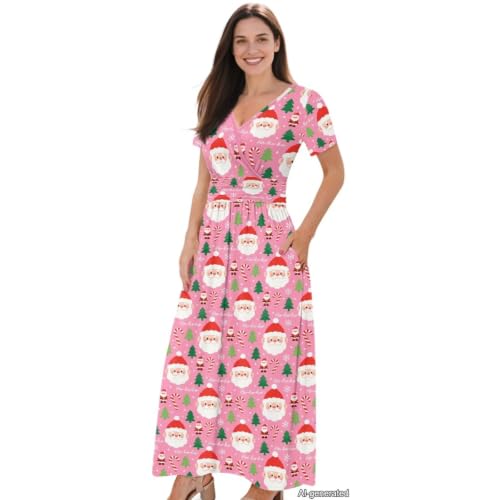 Image of Women's Fall Summer Short Sleeve Ankle Length V-Neck Party Dress with Pockets Size S-3XL