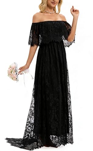 Image of HOYISHION Women's Off The Shoulder Floral Lace Maxi Dress White Bridesmaid Wedding Party Maternity Photoshoot Long Dresses