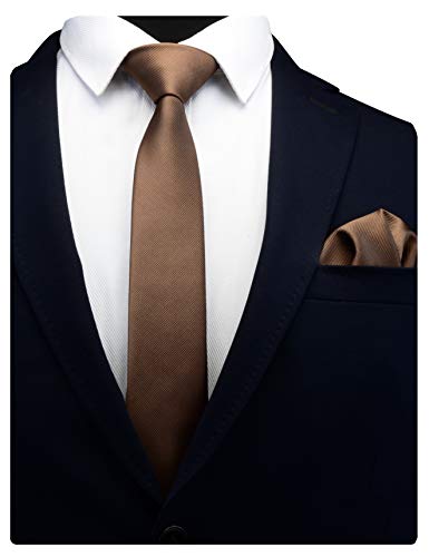 GUSLESON Dark Brown Skinny Tie Solid Ties for Men Thin Slim Necktie and Pocket Square Set (0754-31)