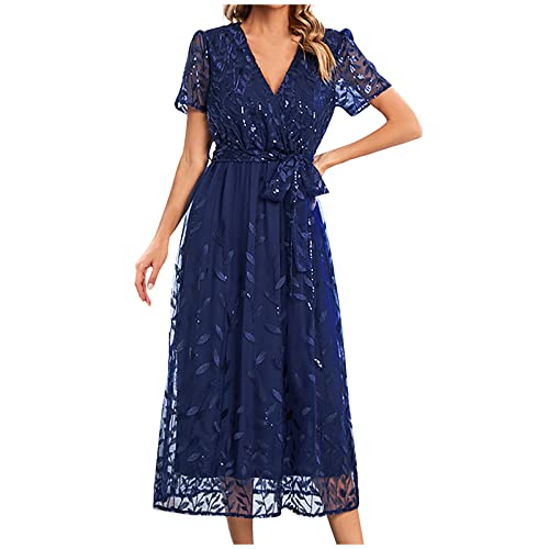 Zeiayuas Cocktail Party Work Dress for Women UK Elegant V Neck Short Sleeve Midi Dress Evening Party Formal Tunic Dresses Ladies Embroidered Floral Lace Mesh Dresses Blue