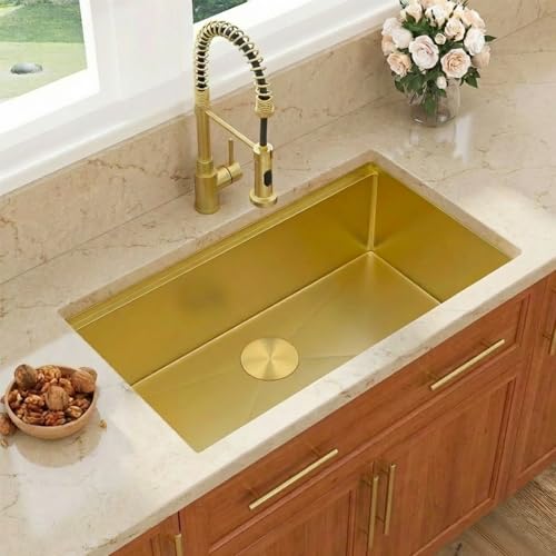 Image of 33 inch Gold Sink,Undermount Single Bowl Kitchen Sinks,16 Gauge Stainless Steel Workstation Kitchen Sink (Gold, 33 X 18 inch)